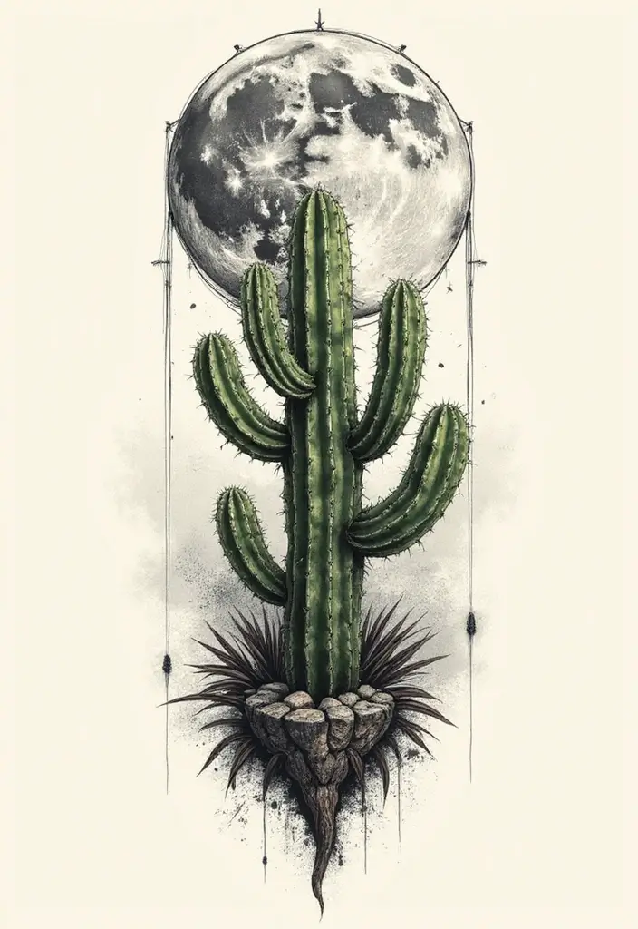 50 Cactus Tattoo Ideas with Minimalist and Symbolic Styles 31 50 Cactus Tattoo Ideas with Minimalist and Symbolic Styles - 31. Cactus with Moon Phases