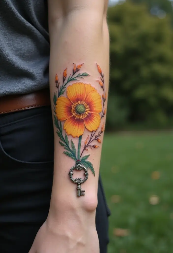 50 California Poppy Tattoo Ideas with Symbolism and Beauty - 31. California Poppy with a Key
