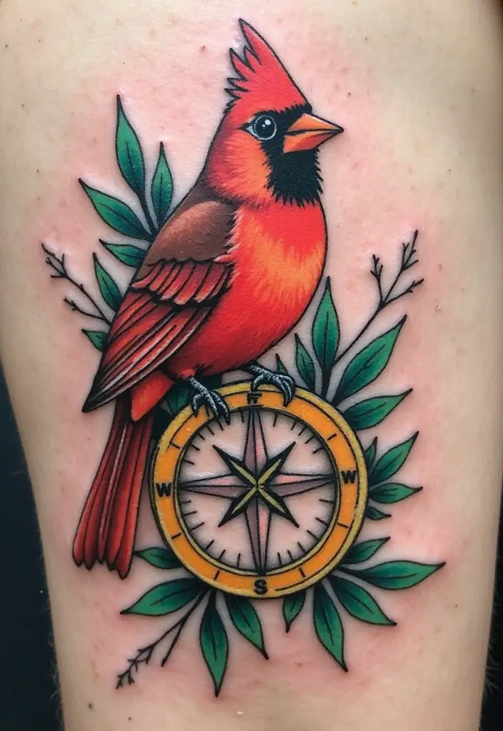50 Cardinal Tattoo Ideas with Symbolism and Beautiful Designs - 31. Cardinal with a Compass