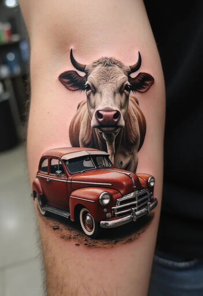 50 Cow Tattoo Designs with Fun and Unique Symbolism - 31. Cow with Vintage Cars