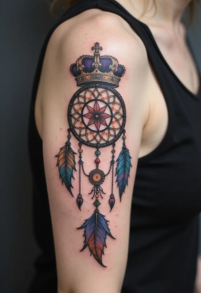50 Dreamcatcher Tattoo Ideas with Cultural Symbolism 31 50 Dreamcatcher Tattoo Ideas with Cultural Symbolism - 31. Dreamcatcher with a Crown