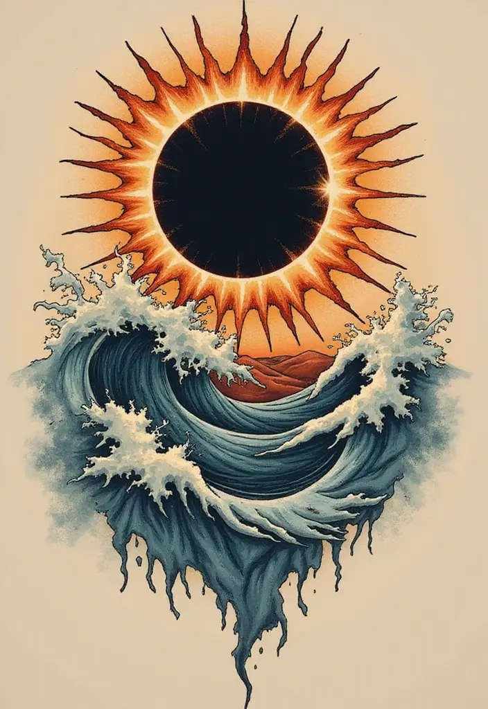 50 Eclipse Tattoo Designs with Powerful Meaning and Symbolism - 31. Eclipse with Waves