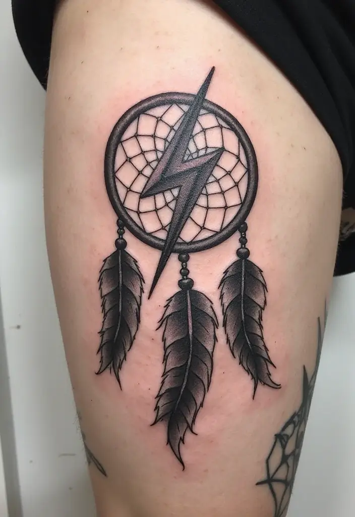 50 Lightning Bolt Tattoos with Bold and Striking Designs 31 50 Lightning Bolt Tattoos with Bold and Striking Designs - 31. Lightning Bolt with Dreamcatcher