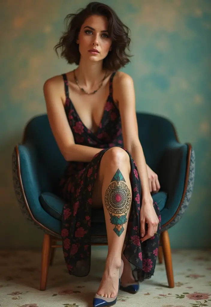50 Mandala Knee Tattoos for Women with Elegant Patterns - 31. Art Deco Style