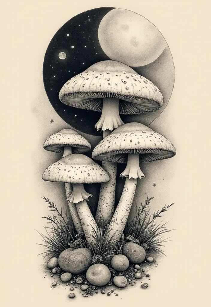 50 Unique Mushroom Tattoo Ideas That'll Leave You Inspired and Curious About Their Symbolism! 31 50 Unique Mushroom Tattoo Ideas That'll Leave You Inspired and Curious About Their Symbolism! - 31. Mushroom and Moon Phases