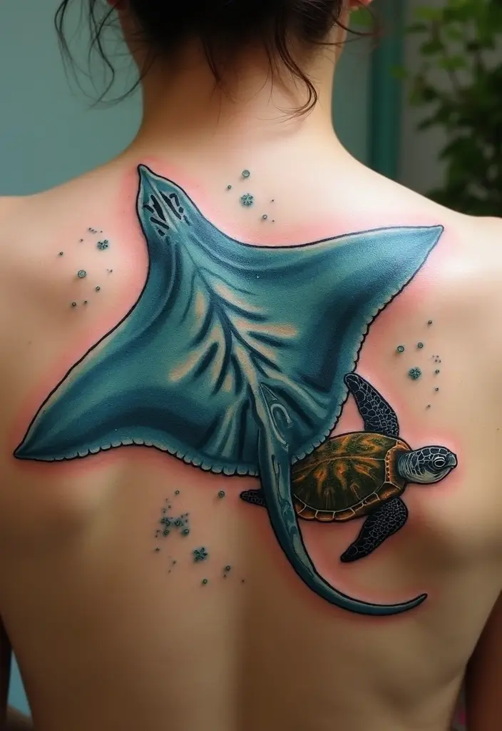 50 Stingray Tattoo Designs and Their Symbolic Meanings - 31. Stingray with a Sea Turtle