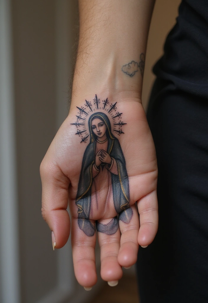 50 Virgin Mary Hand Tattoos with Spiritual and Artistic Designs - 31. Virgin Mary with a Crown of Stars