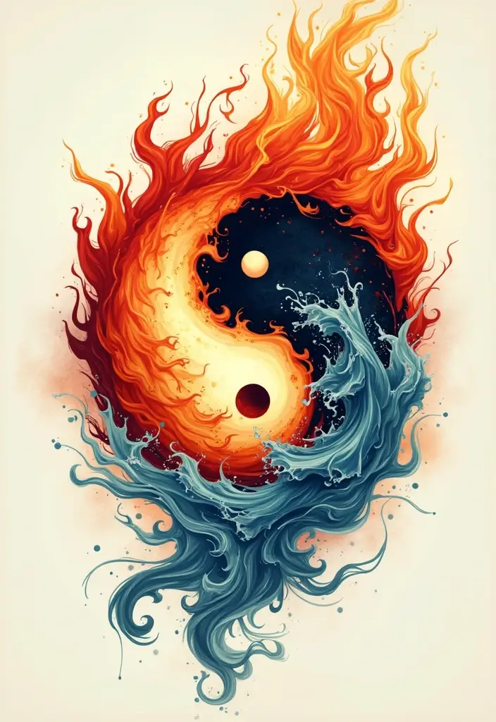 50 Yin Yang Tattoo Ideas with Balance and Harmony Symbolism - 31. Yin Yang with Elements of Fire and Water