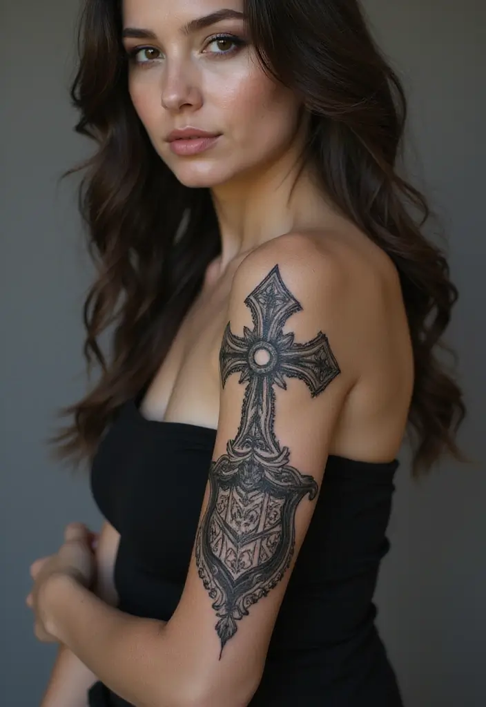 50 Cross Tattoo Ideas for Men and Women with Deep Meaning - 32. Cross with a Shield