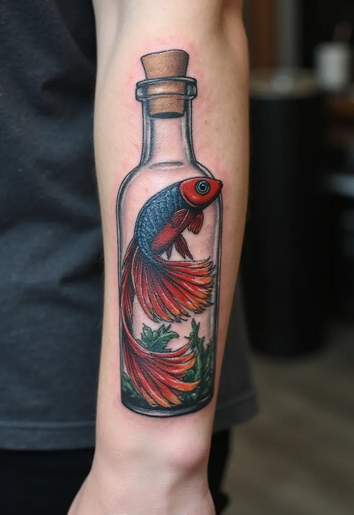 50 Betta Fish Tattoo Ideas with Unique and Colorful Designs 32 50 Betta Fish Tattoo Ideas with Unique and Colorful Designs - 32. Betta Fish in a Bottle