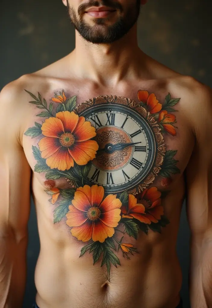 50 California Poppy Tattoo Ideas with Symbolism and Beauty - 32. California Poppy with a Clock