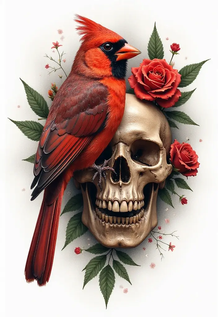 50 Cardinal Tattoo Ideas with Symbolism and Beautiful Designs - 32. Cardinal with a Skull