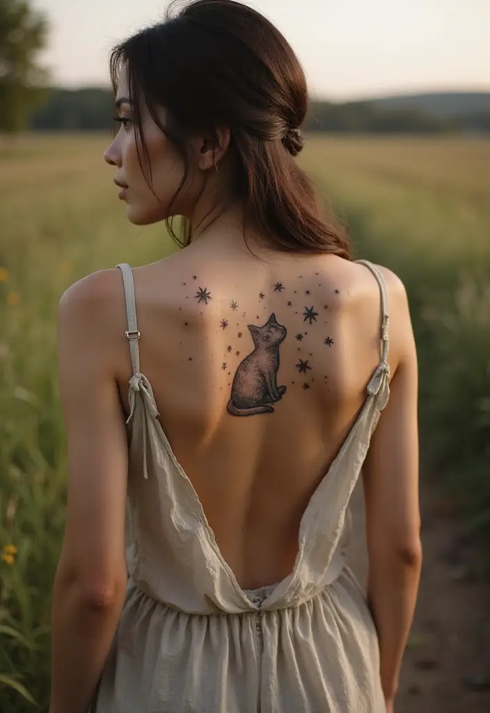 50 Creative Cat Tattoo Ideas for Every Style - 32. Cat Among Stars