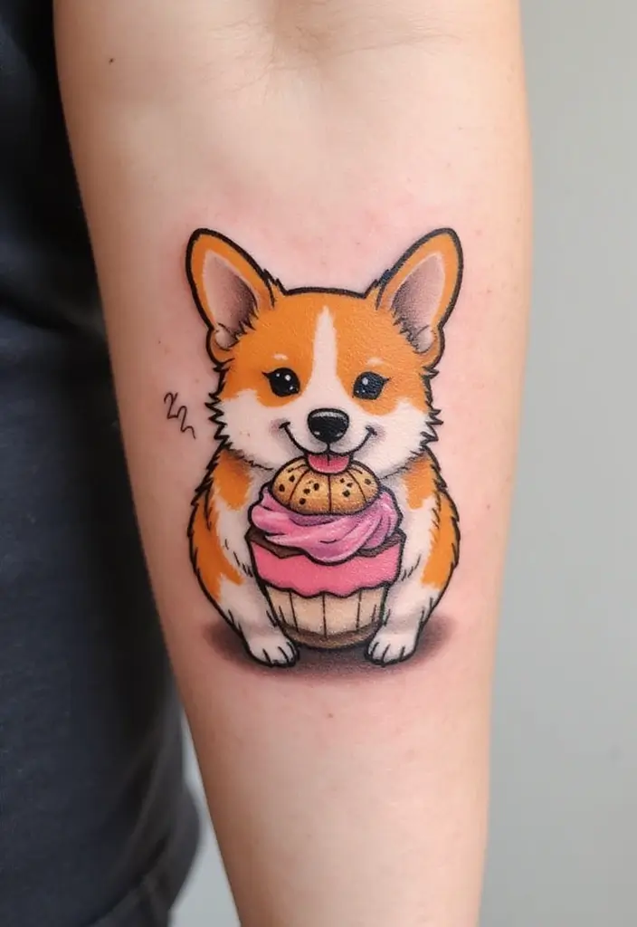 50 Creative Corgi Tattoo Ideas for Dog Lovers 32 50 Creative Corgi Tattoo Ideas for Dog Lovers - 32. Corgi and a Cupcake