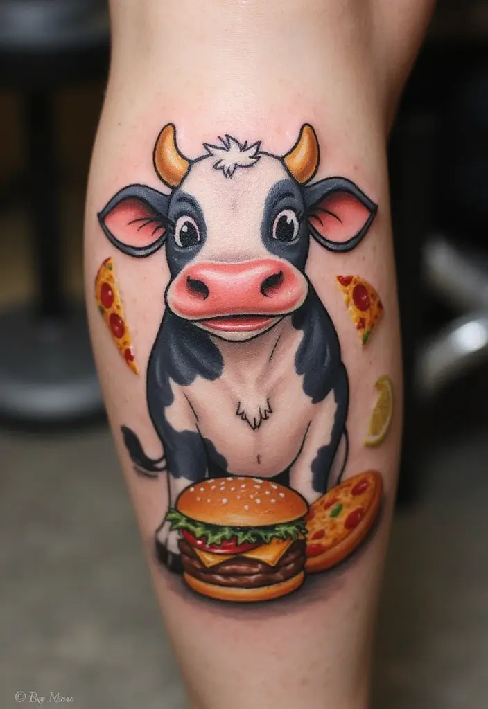 50 Cow Tattoo Designs with Fun and Unique Symbolism - 32. Cartoon Cow with Food Elements