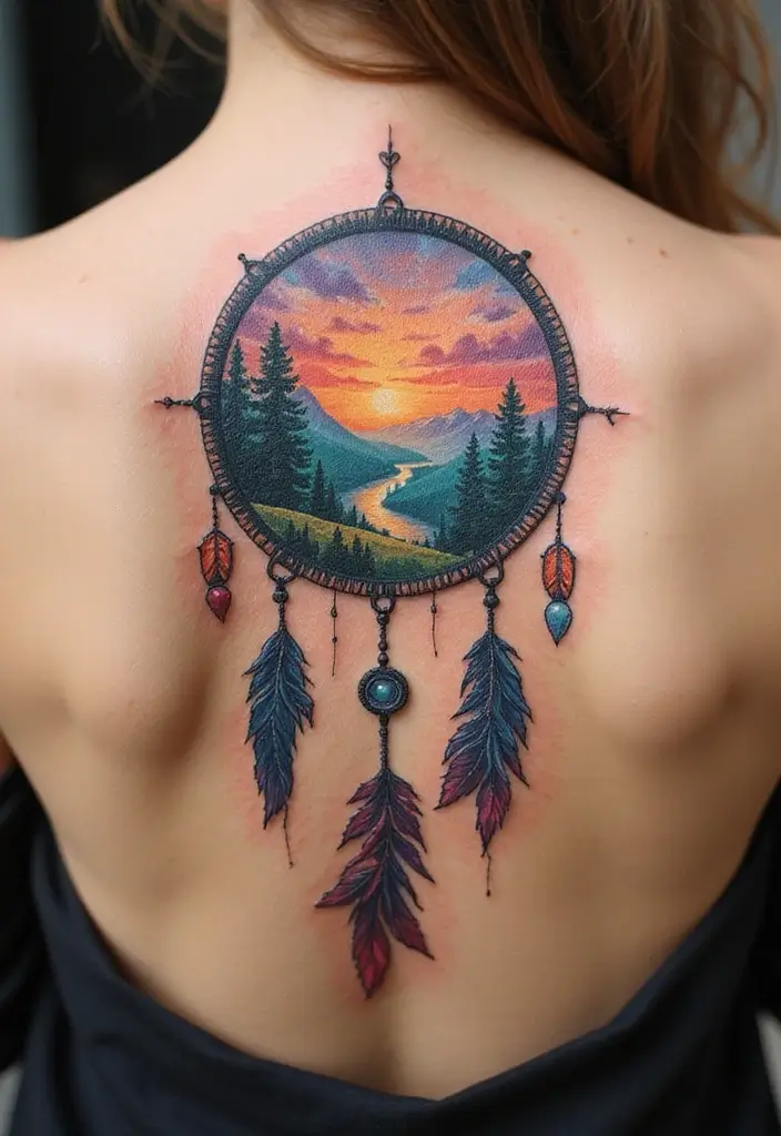 50 Dreamcatcher Tattoo Ideas with Cultural Symbolism 32 50 Dreamcatcher Tattoo Ideas with Cultural Symbolism - 32. Dreamcatcher with a Dreamy Landscape
