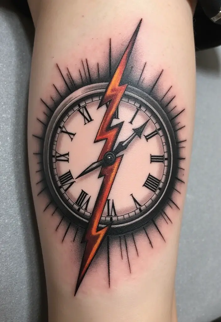 50 Lightning Bolt Tattoos with Bold and Striking Designs 32 50 Lightning Bolt Tattoos with Bold and Striking Designs - 32. Lightning Bolt with a Clock