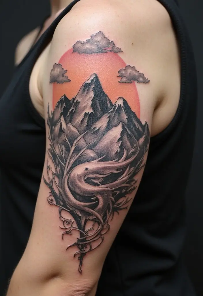 50 Mountain Tattoo Ideas with Powerful and Minimalist Designs 32 50 Mountain Tattoo Ideas with Powerful and Minimalist Designs - 32. Mountain with a Wind Symbol
