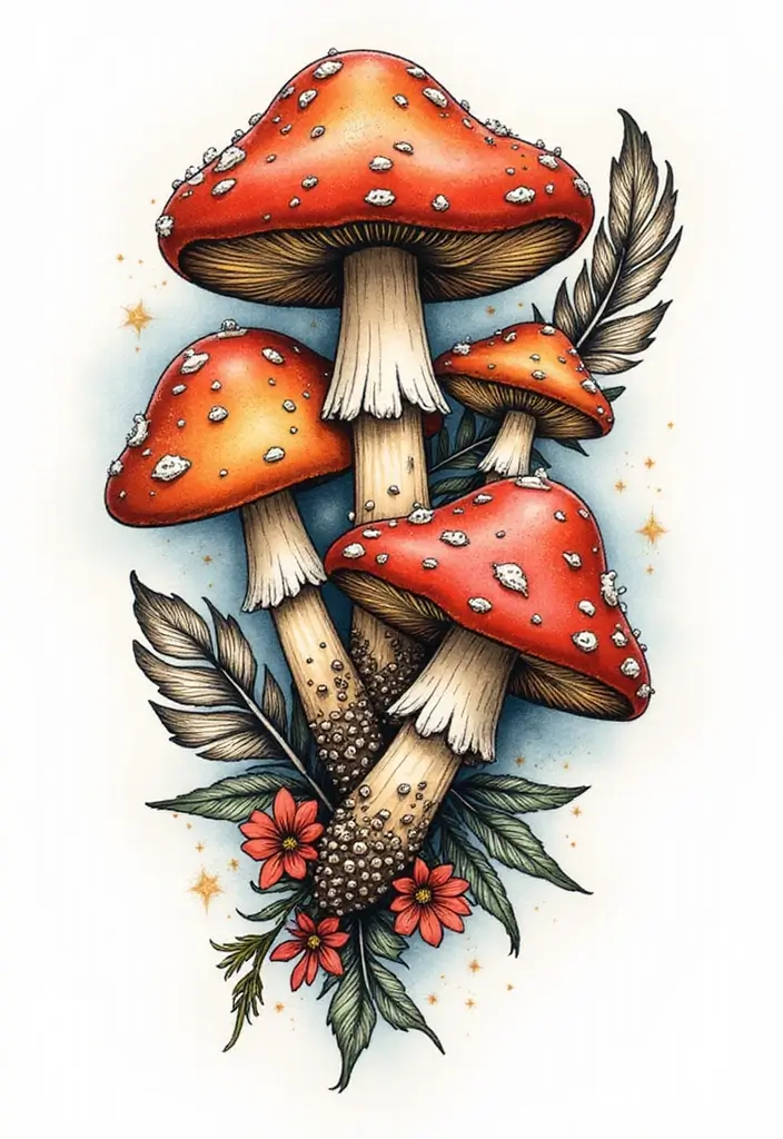 50 Unique Mushroom Tattoo Ideas That'll Leave You Inspired and Curious About Their Symbolism! 32 50 Unique Mushroom Tattoo Ideas That'll Leave You Inspired and Curious About Their Symbolism! - 32. Mushrooms with Feathers