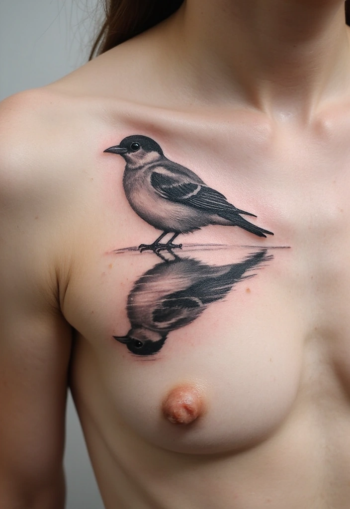 50 Sparrow Tattoos with Symbolism and Artistic Styles - 32. Reflective Sparrow Tattoo