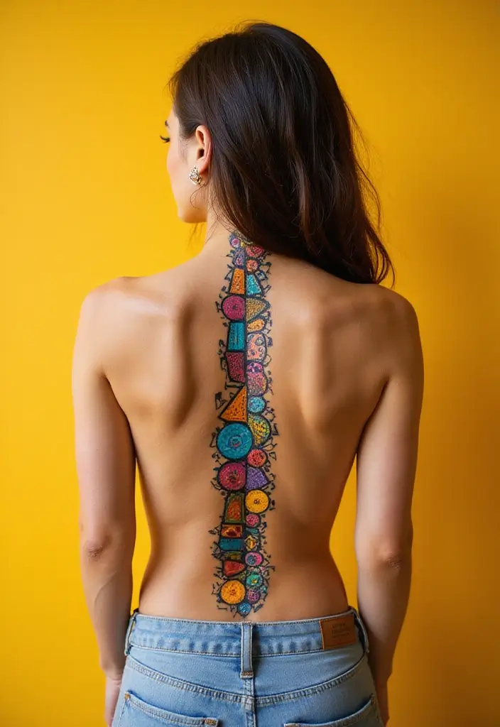 99 Stunning Spine Tattoos for Women to Inspire Your Next Ink - 32. Mosaic Art