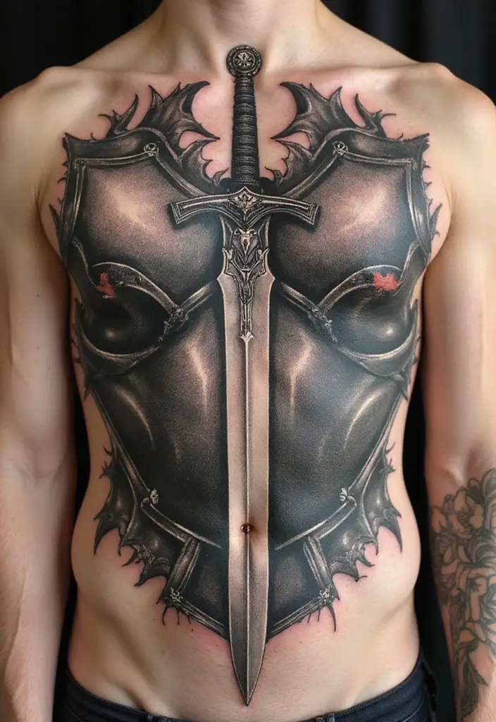 50 Sword Tattoo Designs and Symbolism to Inspire Your Next Ink 32 50 Sword Tattoo Designs and Symbolism to Inspire Your Next Ink - 32. Sword with Armor