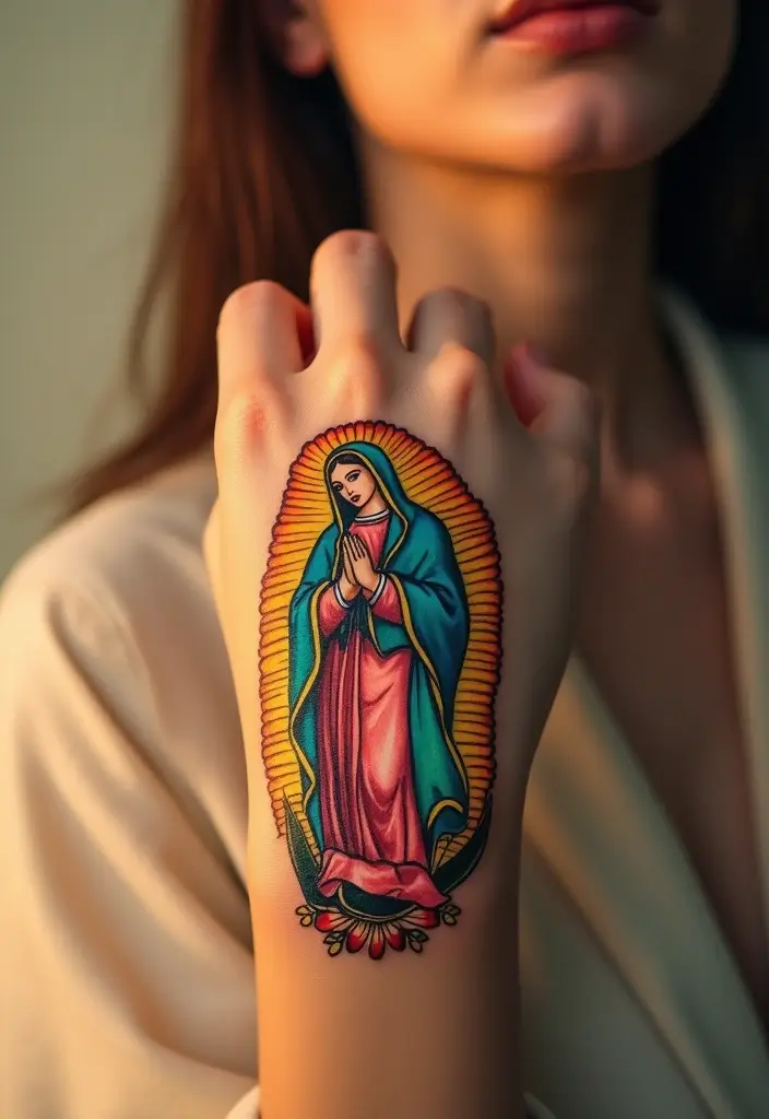 50 Virgin Mary Hand Tattoos with Spiritual and Artistic Designs - 32. Virgin Mary with a Rainbow