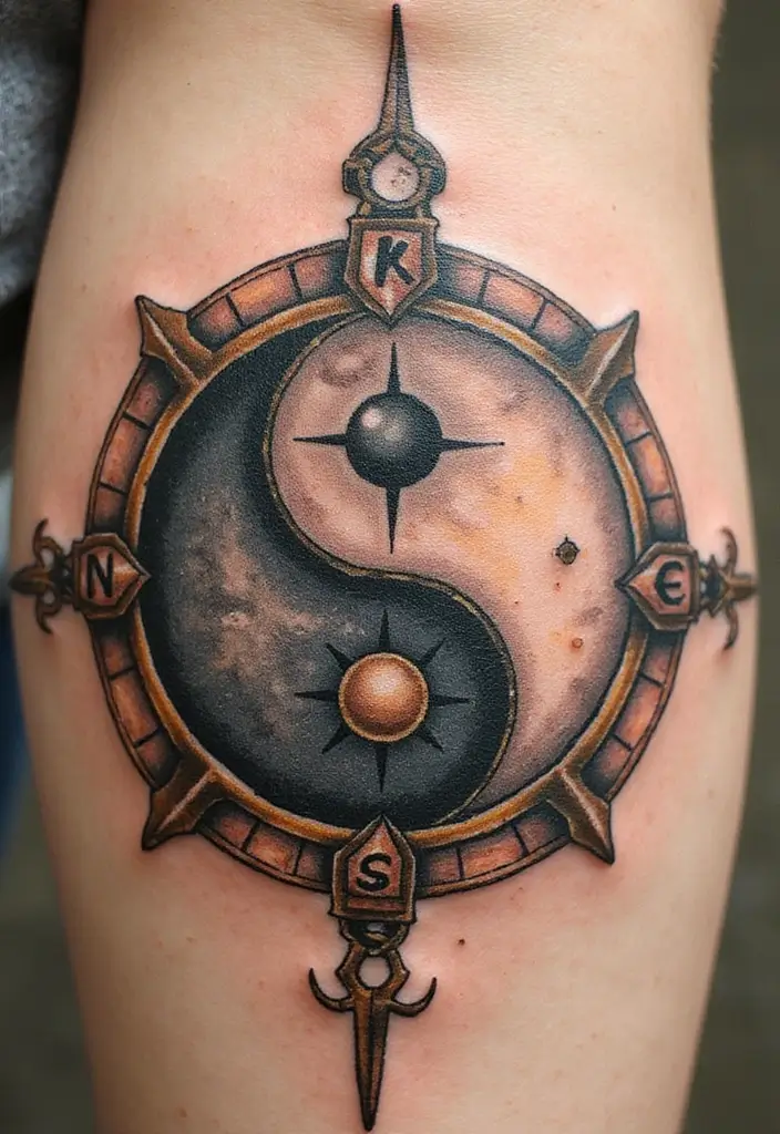 50 Yin Yang Tattoo Ideas with Balance and Harmony Symbolism - 32. Yin Yang with Vintage Compass