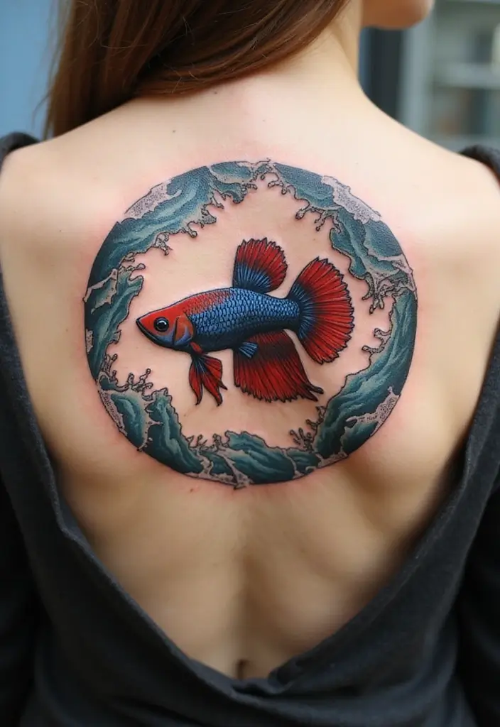 50 Betta Fish Tattoo Ideas with Unique and Colorful Designs 33 50 Betta Fish Tattoo Ideas with Unique and Colorful Designs - 33. Betta Fish with a Wave Circle