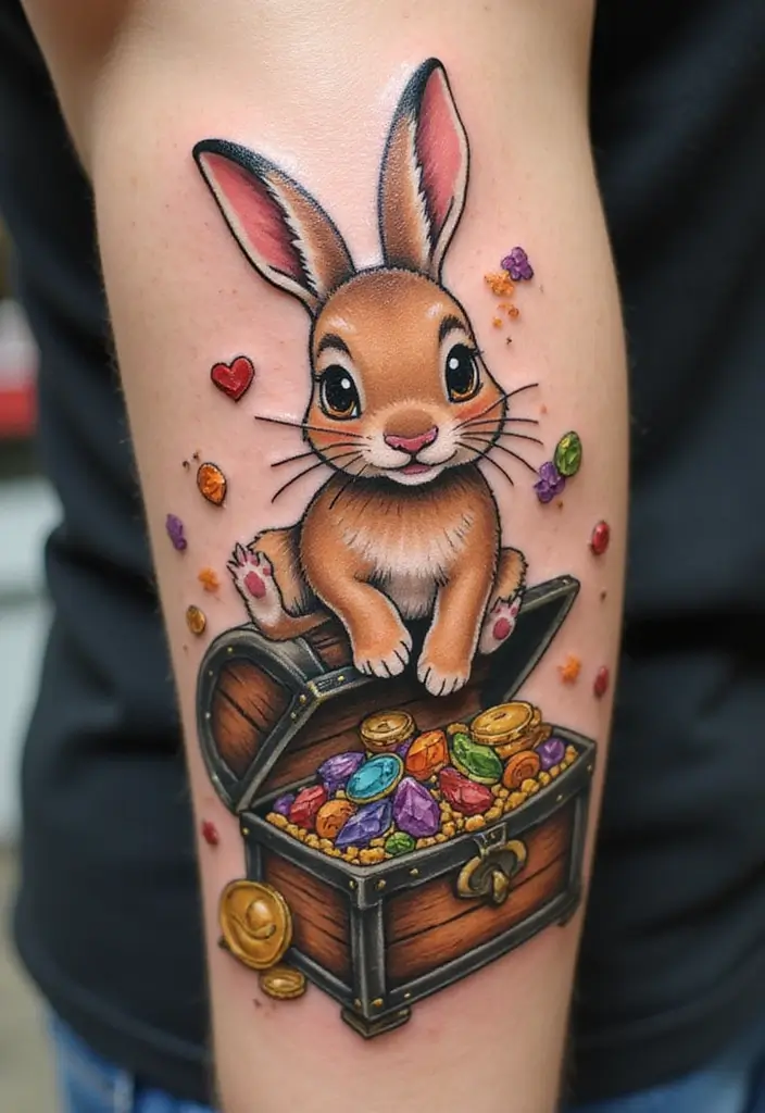 50 Bunny Tattoo Meaning Inspirations for Cute and Creative Designs - 33. Bunny with a Treasure Chest