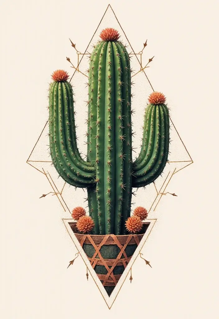 50 Cactus Tattoo Ideas with Minimalist and Symbolic Styles 33 50 Cactus Tattoo Ideas with Minimalist and Symbolic Styles - 33. Cactus with Geometric Patterns