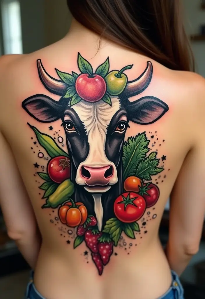 50 Cow Tattoo Designs with Fun and Unique Symbolism - 33. Cow with Nature's Bounty