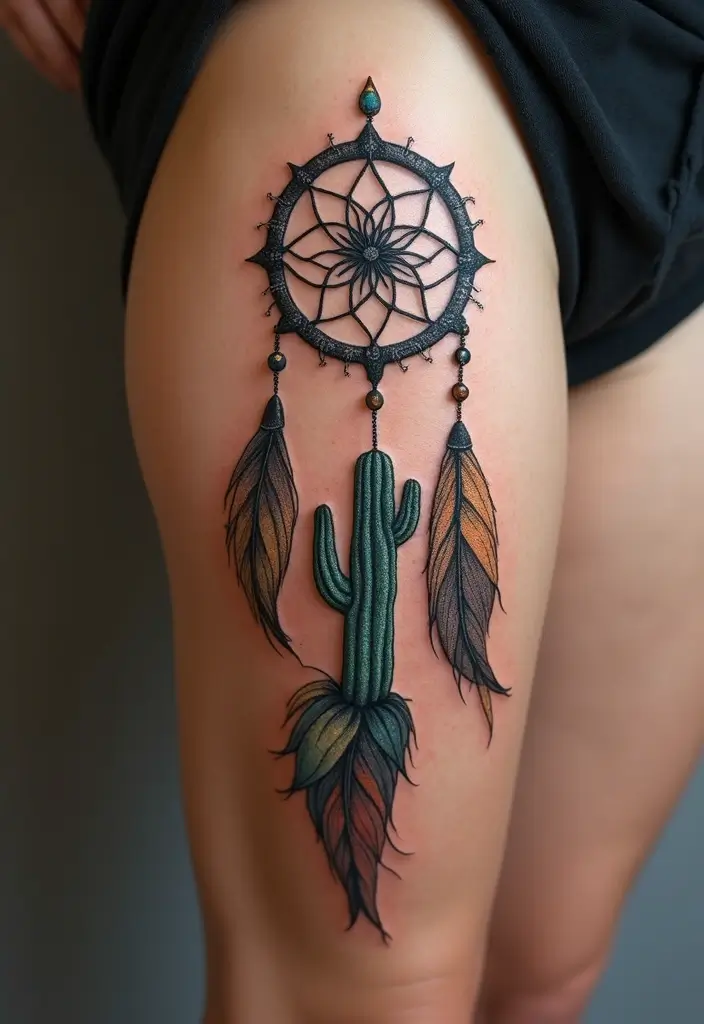 50 Dreamcatcher Tattoo Ideas with Cultural Symbolism 33 50 Dreamcatcher Tattoo Ideas with Cultural Symbolism - 33. Dreamcatcher with a Cactus