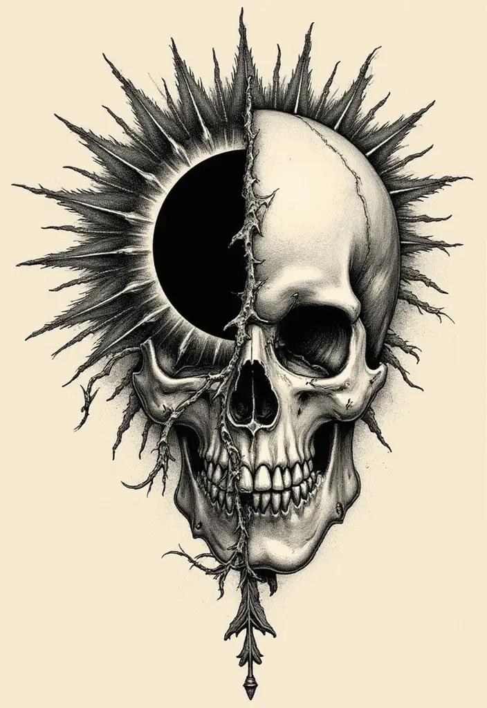 50 Eclipse Tattoo Designs with Powerful Meaning and Symbolism - 33. Eclipse with a Skull