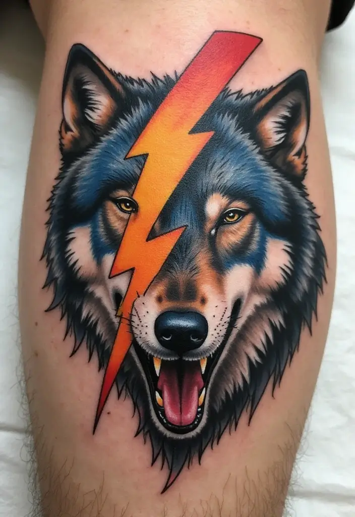 50 Lightning Bolt Tattoos with Bold and Striking Designs 33 50 Lightning Bolt Tattoos with Bold and Striking Designs - 33. Lightning Bolt with a Wolf