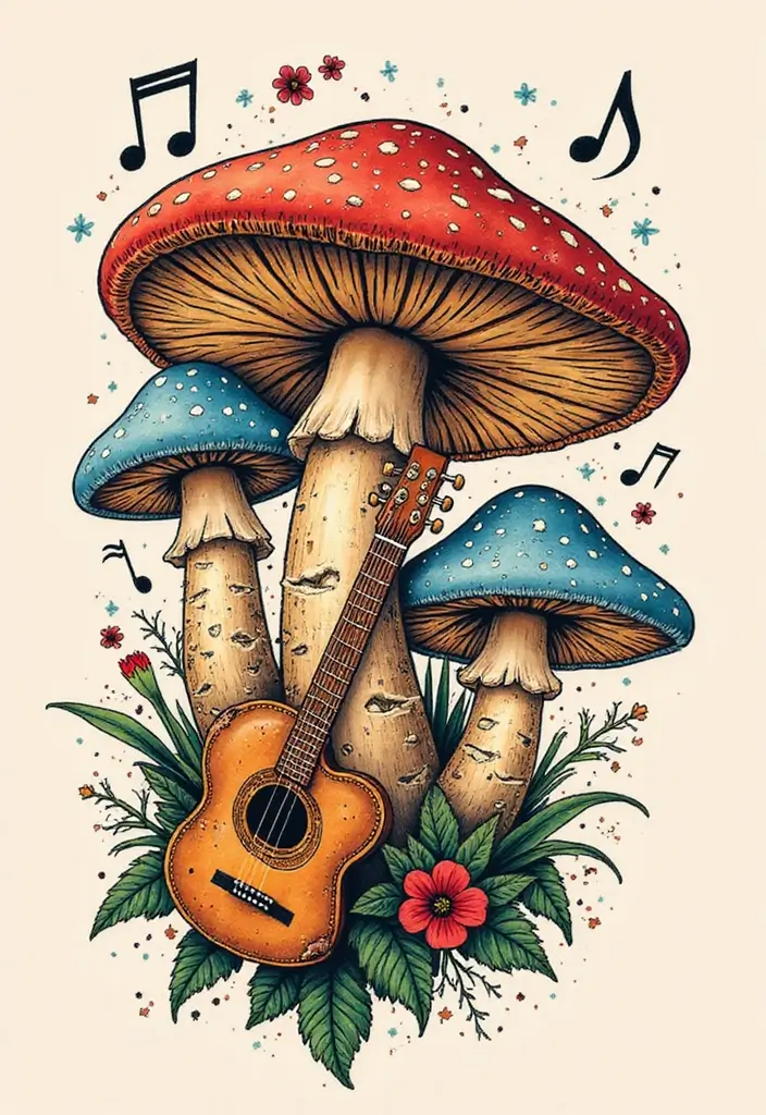 50 Unique Mushroom Tattoo Ideas That'll Leave You Inspired and Curious About Their Symbolism! 33 50 Unique Mushroom Tattoo Ideas That'll Leave You Inspired and Curious About Their Symbolism! - 33. Mushroom and Music Elements