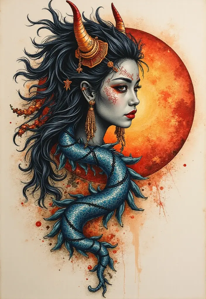 50 Oni Tattoo Designs with Powerful Japanese Symbolism 33 50 Oni Tattoo Designs with Powerful Japanese Symbolism - 33. Oni with a Sun and Moon