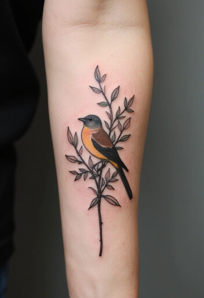 50 Sparrow Tattoos with Symbolism and Artistic Styles - 33. Sparrows and Leaves