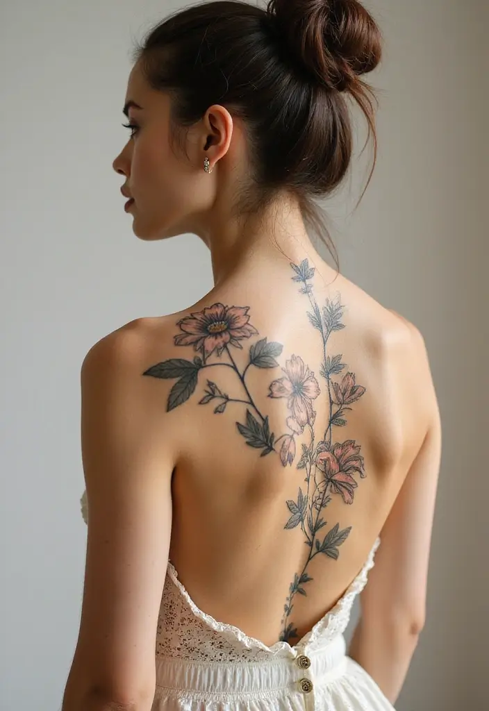 99 Stunning Spine Tattoos for Women to Inspire Your Next Ink - 33. Botanical Illustrations