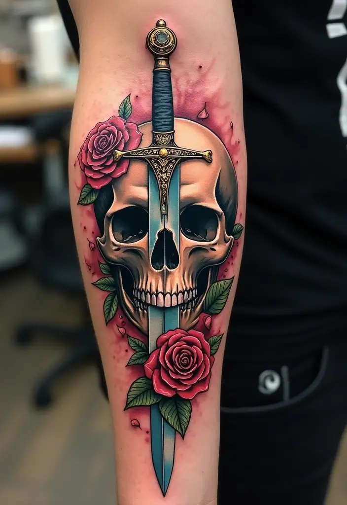 50 Sword Tattoo Designs and Symbolism to Inspire Your Next Ink 33 50 Sword Tattoo Designs and Symbolism to Inspire Your Next Ink - 33. Sword with Skull and Rose