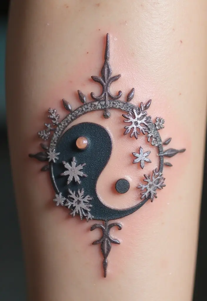 50 Yin Yang Tattoo Ideas with Balance and Harmony Symbolism - 33. Yin Yang with Snowflakes