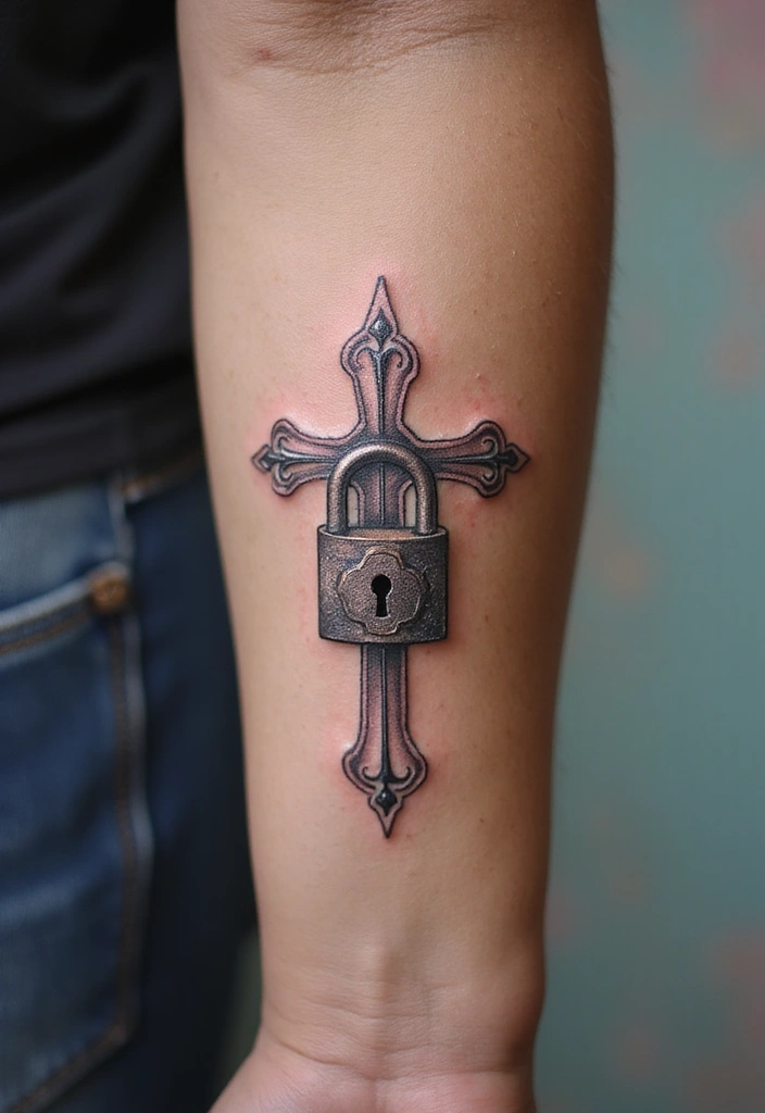 50 Cross Tattoo Ideas for Men and Women with Deep Meaning - 34. Cross with a Lock