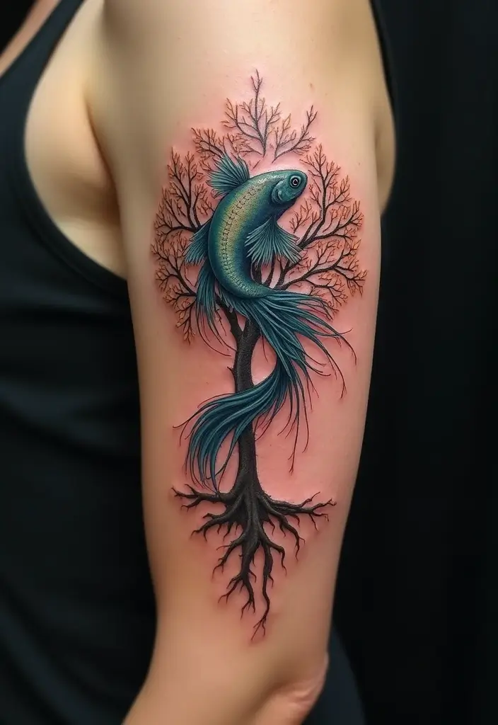 50 Betta Fish Tattoo Ideas with Unique and Colorful Designs 34 50 Betta Fish Tattoo Ideas with Unique and Colorful Designs - 34. Betta Fish with a Tree of Life