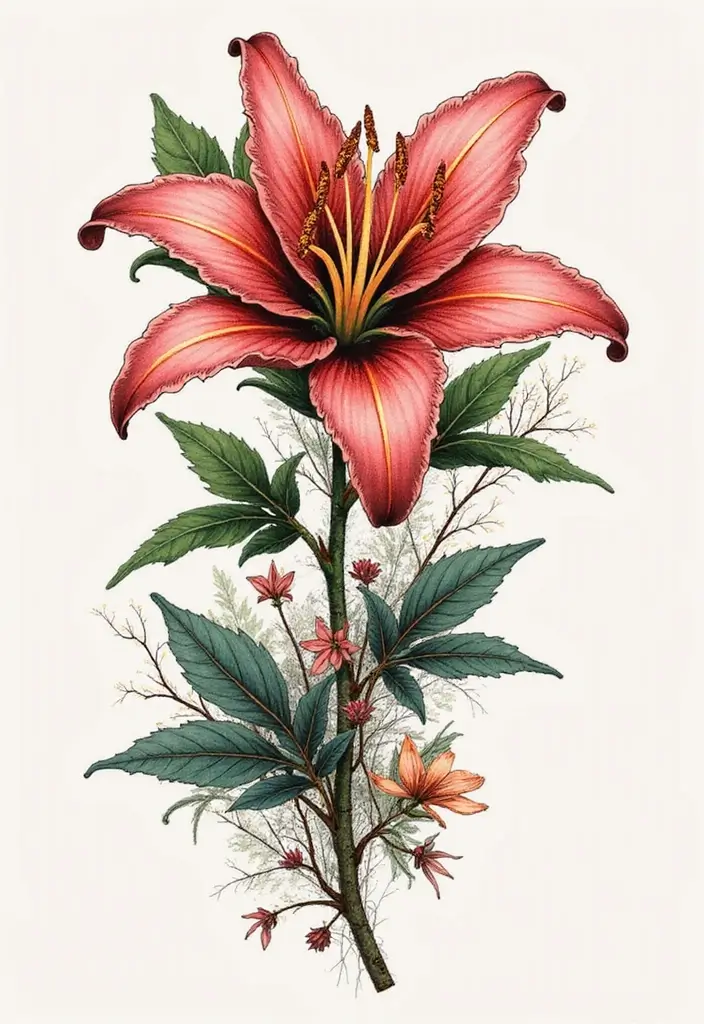 50 Stargazer Lily Tattoos with Elegant and Symbolic Designs 34 50 Stargazer Lily Tattoos with Elegant and Symbolic Designs - 34. Surreal Elements