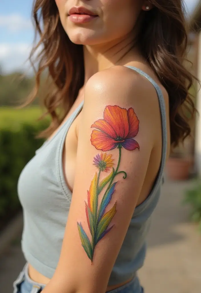 50 California Poppy Tattoo Ideas with Symbolism and Beauty - 34. California Poppy with a Rainbow