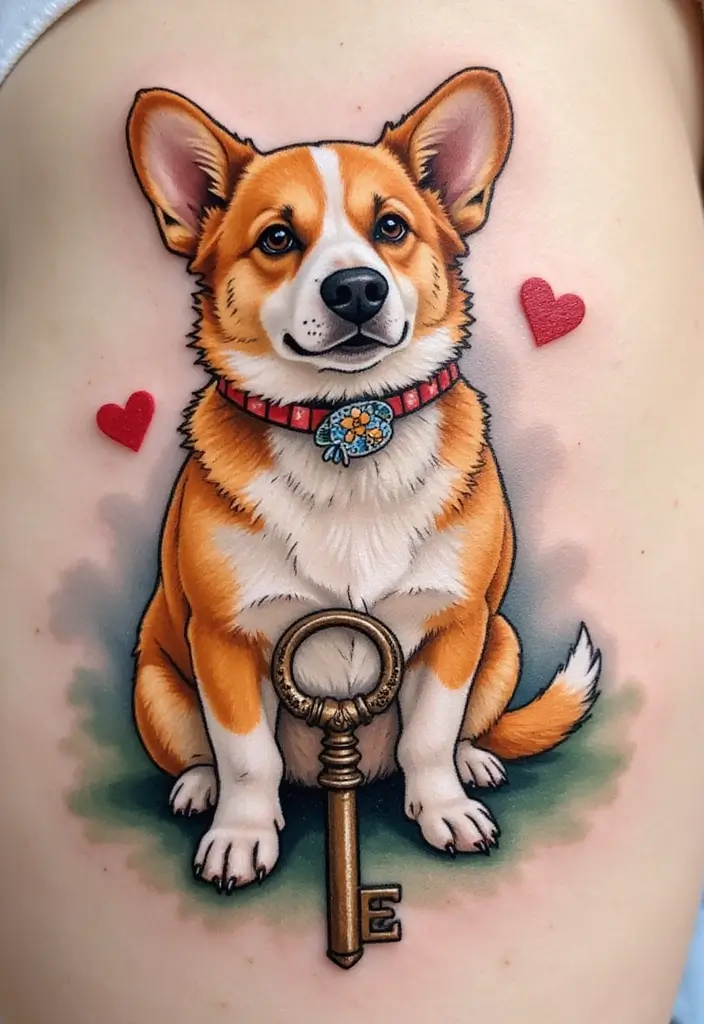 50 Creative Corgi Tattoo Ideas for Dog Lovers 34 50 Creative Corgi Tattoo Ideas for Dog Lovers - 34. Corgi with a Key