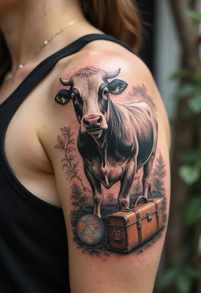 50 Cow Tattoo Designs with Fun and Unique Symbolism - 34. Cow with Travel Elements