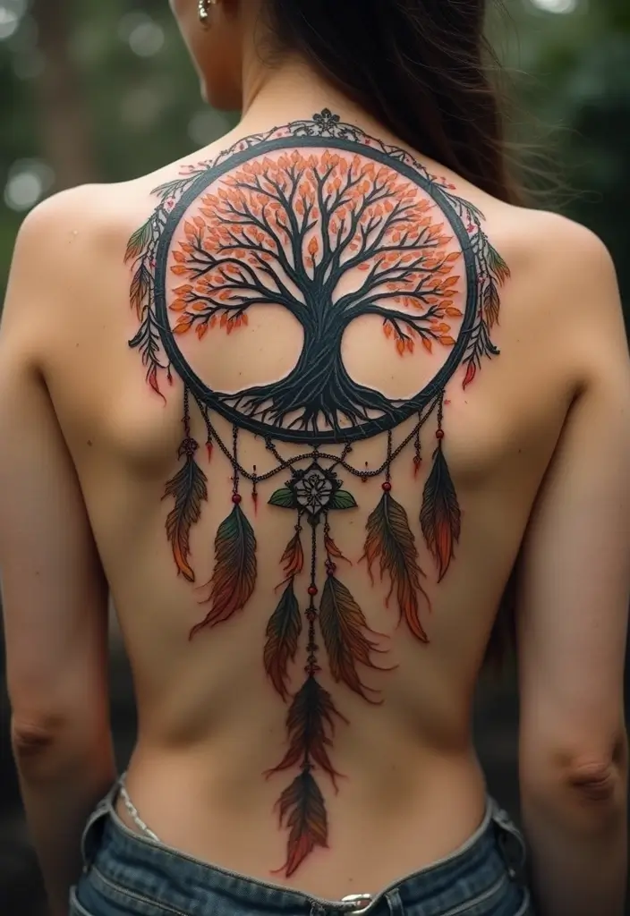 50 Dreamcatcher Tattoo Ideas with Cultural Symbolism 34 50 Dreamcatcher Tattoo Ideas with Cultural Symbolism - 34. Dreamcatcher with a Tree of Life