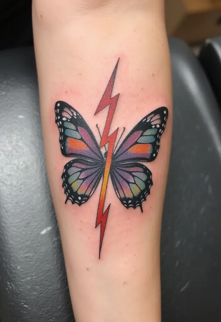 50 Lightning Bolt Tattoos with Bold and Striking Designs 34 50 Lightning Bolt Tattoos with Bold and Striking Designs - 34. Lightning Bolt with a Butterfly