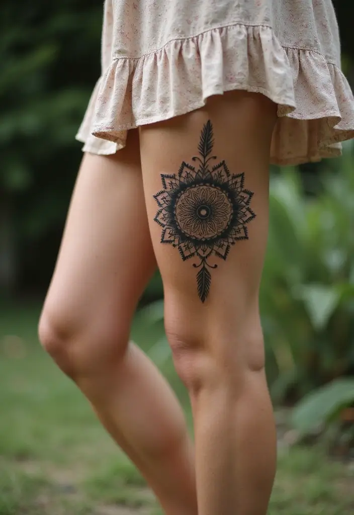 50 Mandala Knee Tattoos for Women with Elegant Patterns - 34. Mandala with Feathers